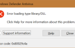 Windows Defender Błąd ładowania biblioteki typu / DLL, 0x80029c4a