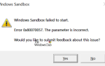 Uruchomienie piaskownicy systemu Windows nie powiodło się, 0x80070057, parametr jest niepoprawny