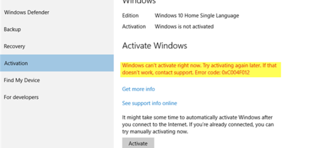 Napraw kod błędu aktywacji systemu Windows 10 0xC004F012