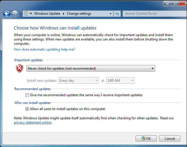 Nigdy nie sprawdzaj aktualizacji - Windows 7