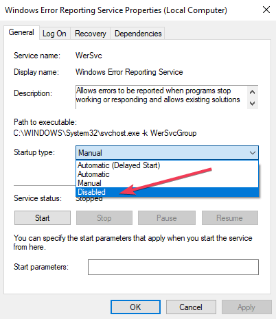 wyłącz usługę raportowania błędów systemu Windows