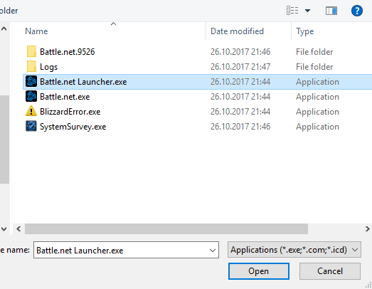 wybierz aplikację battle.net, która się nie otwiera