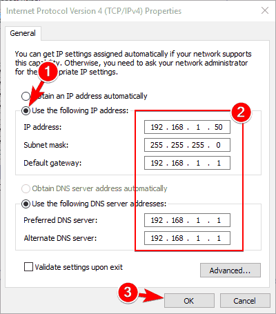 użyj niestandardowego adresu IPv4