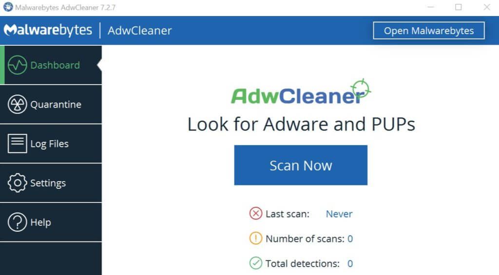 Oprogramowanie do wykrywania konfliktów Malwarebytes AdwCleaner Skanuj teraz