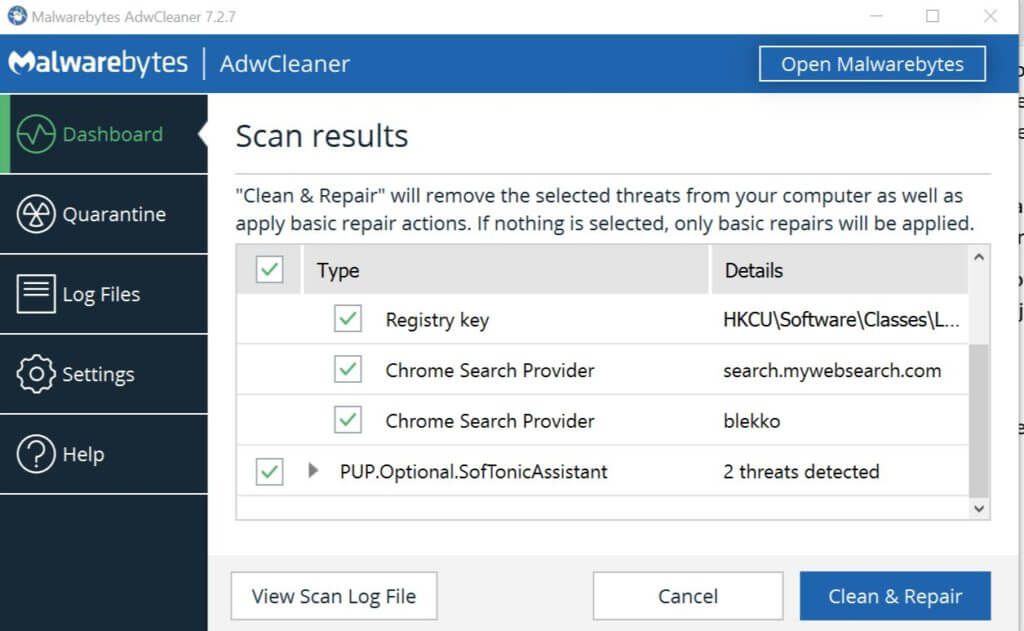 Malwarebytes AdwCleaner Wyniki skanowania Wykryto oprogramowanie powodujące konflikt