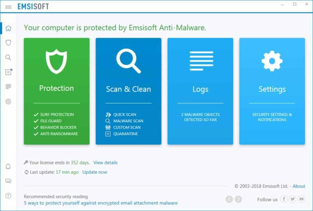 najlepszy zrzut ekranu antymalware emsisoft dla systemu Windows 10