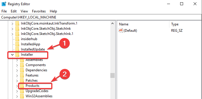 folder produktów w rejestrze systemu instalatora - administrator sieci zastosował zasady grupy