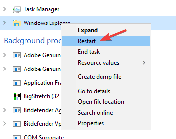 uruchom ponownie Eksploratora Windows't move icons on desktop