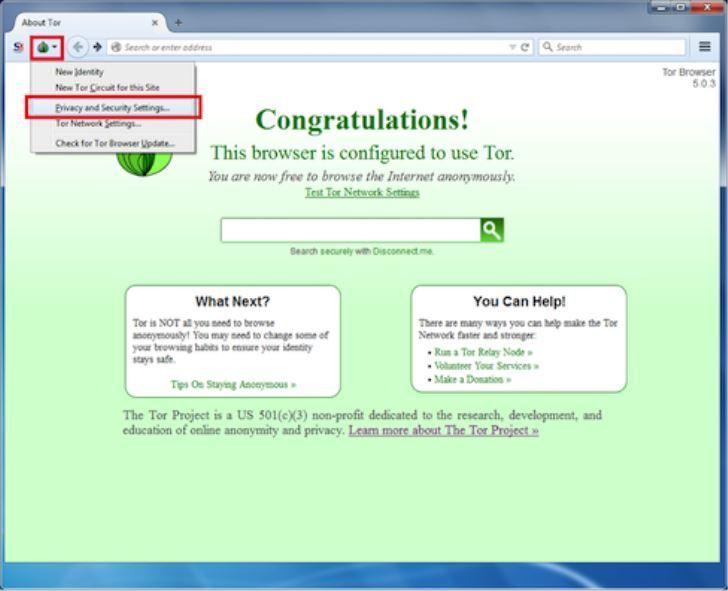 Ustawienia zabezpieczeń przeglądarki Tor