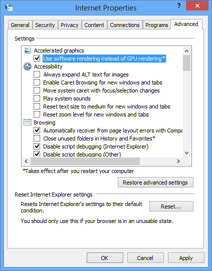 wyłącz przyspieszenie sprzętowe dla Internet Explorera