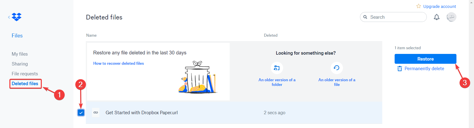 pliki usunięte z Dropbox