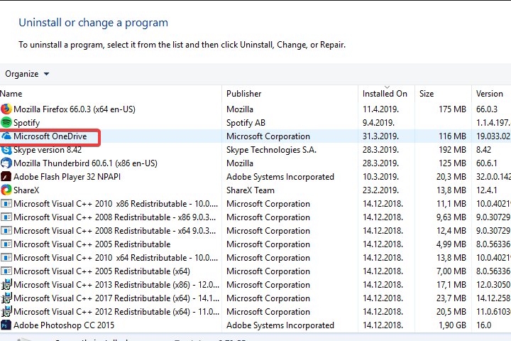 odinstaluj panel sterowania onedrive