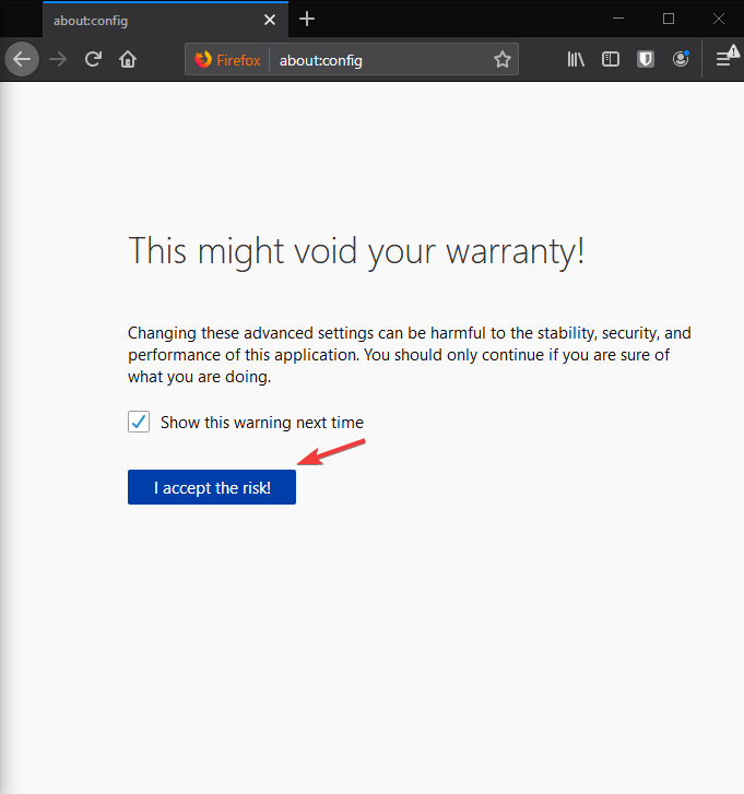 Strona konfiguracji przeglądarki Firefox - przeglądarka nie mieści się na ekranie