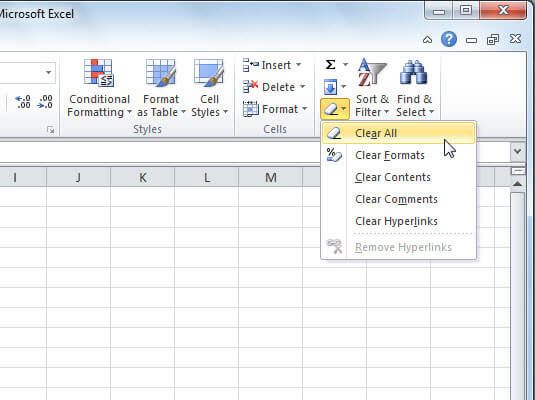 Microsoft Excel nie może dodawać nowych komórek, wyczyść formaty