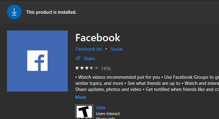 Aplikacja Windows 10 na Facebooku nie działa