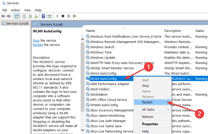 uruchom ponownie usługę AutoConfig WLAN