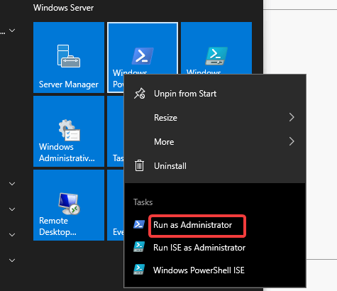 Otwórz Windows PowerShell jako serwer Windows administratora, jak włączyć pulpit zdalny