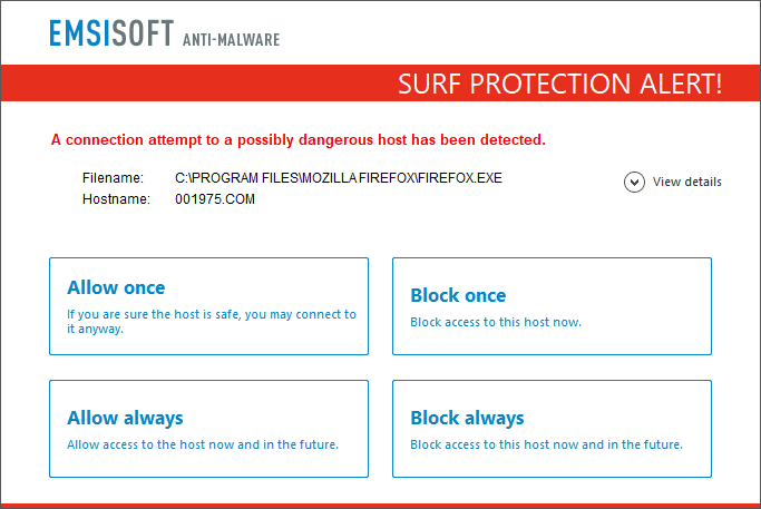 Antywirus z filtrowaniem stron internetowych - Emsisoft Surf Protection Alert