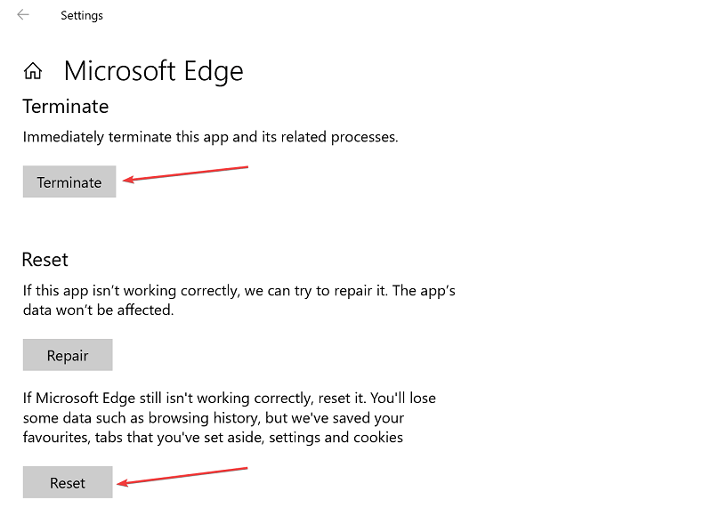 Zakończyć i zresetować Edge, aby zobaczyć wewnętrzny błąd serwera w Windows 10 można naprawić