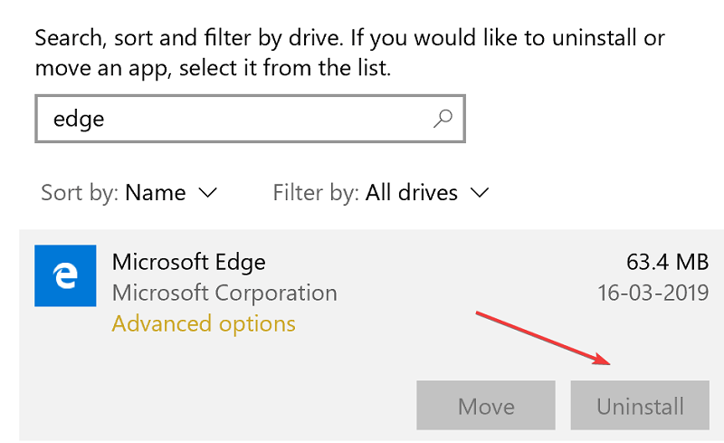 Możesz także odinstalować i ponownie zainstalować Edge'a, aby wykluczyć błędy przeglądarki związane z wewnętrznym błędem serwera w Windows 10
