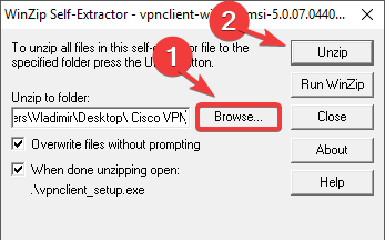 rozpakuj plik Wygrał Cisco VPN't install