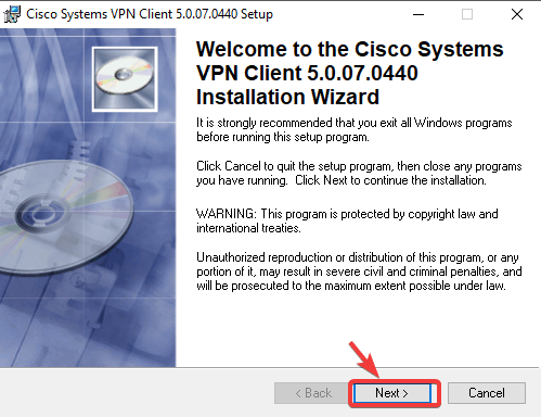 Cisco Systems Konfiguracja klienta VPN Wygrał Cisco VPN't install