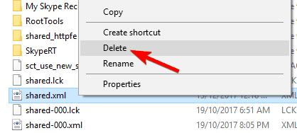 usuń plik shared.xml w skype folderu danych aplikacji