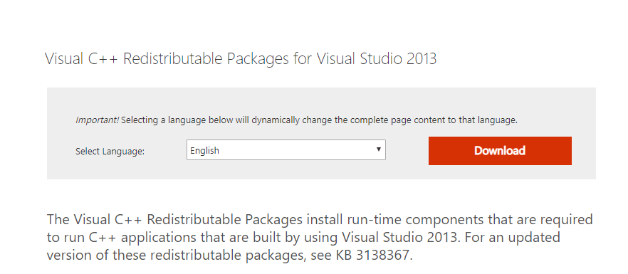 VC ++ resdistributable Visual Studio 2013 - zły obraz błędu pochodzenia