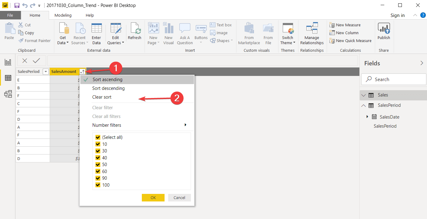 power bi kliknij wyczyść sortowanie