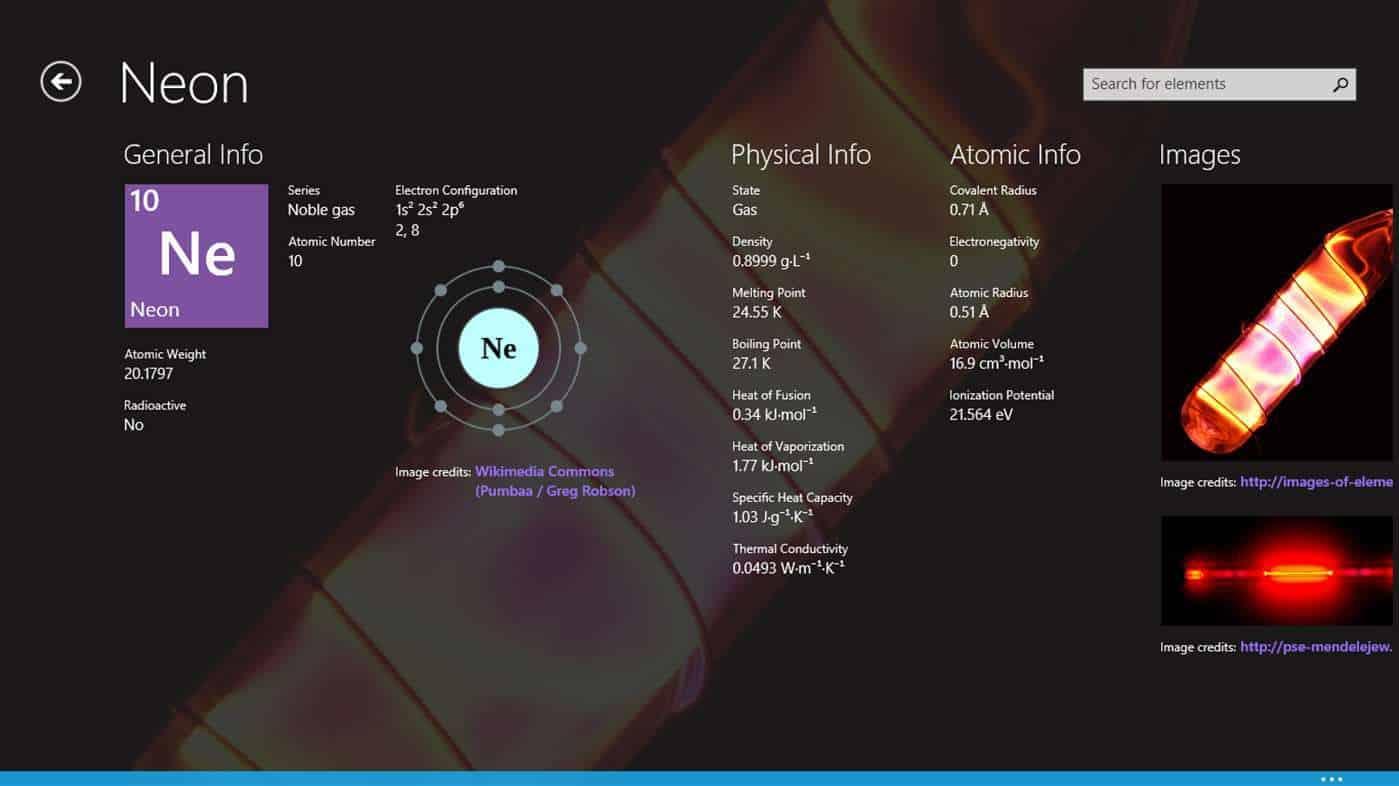 elementy aplikacji Układ okresowy dla Windows 8.1, Windows 10