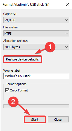 sformatuj dysk USB przywróć urządzenie format 0X80071AC3 Wolumin jest brudny