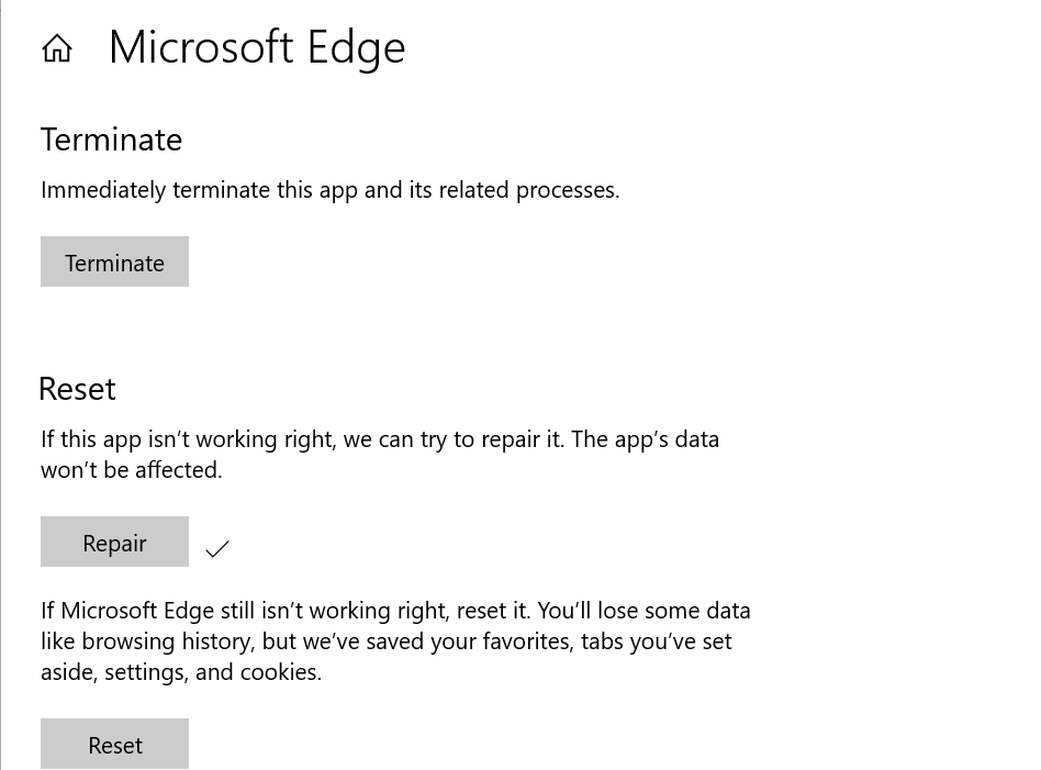 Zresetuj - Zakończ - Napraw Microsoft Edge Coś poszło nie tak z twoim rozszerzeniem