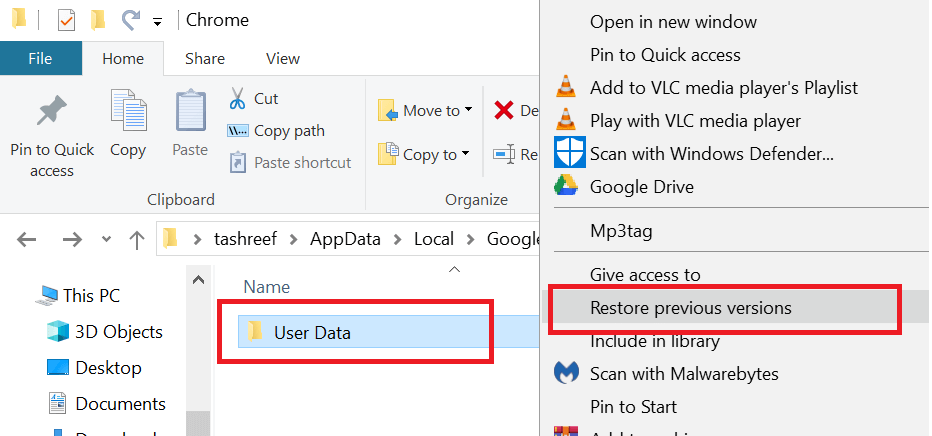 Dane użytkownika Google Chrome - Przywróć poprzednią wersję