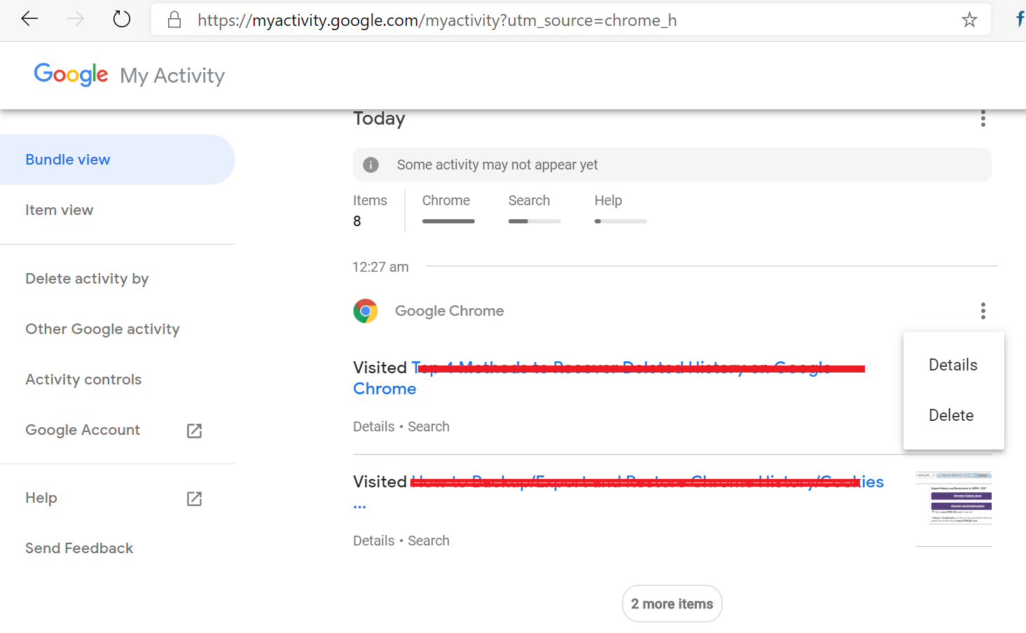 Wyświetl historię Google Chrome MY Activity Tool