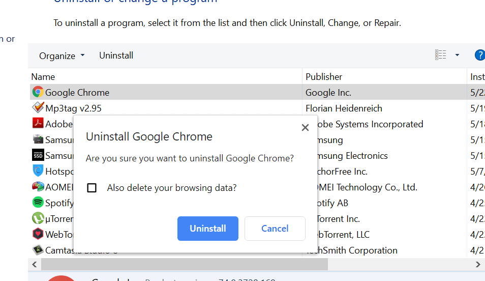 Odinstaluj Google Chrome bez usuwania danych przeglądania