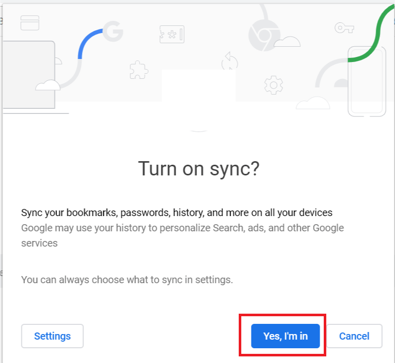 Google chrome Włącz synchronizację - Tak, jestem