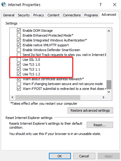 włącz ustawienia SSL Windows TLS Windows 10