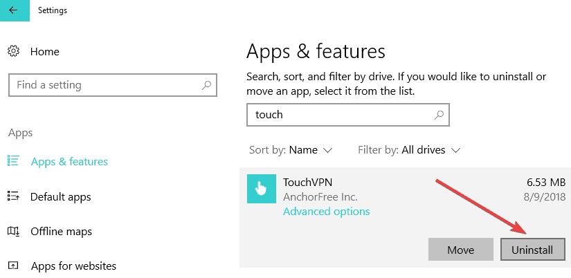 odinstaluj touchVPN
