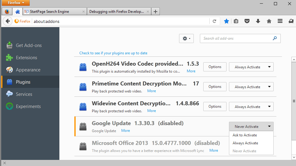 Wtyczki firefox proszą o aktywację