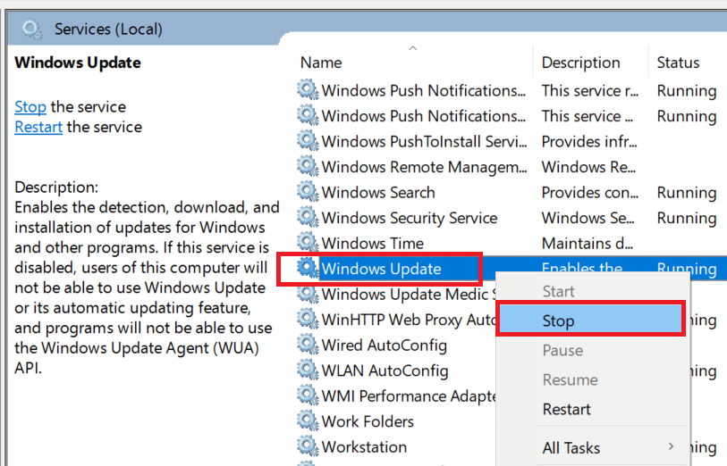 Usługi - Windows Update - Zatrzymaj