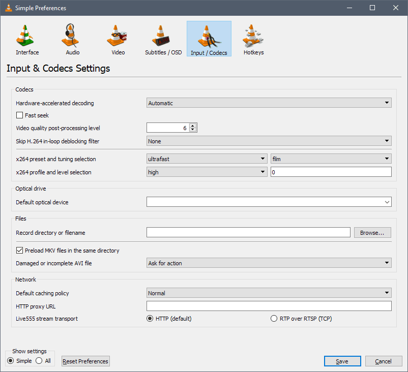 sprzętowe dekodowanie przyspieszone vlc