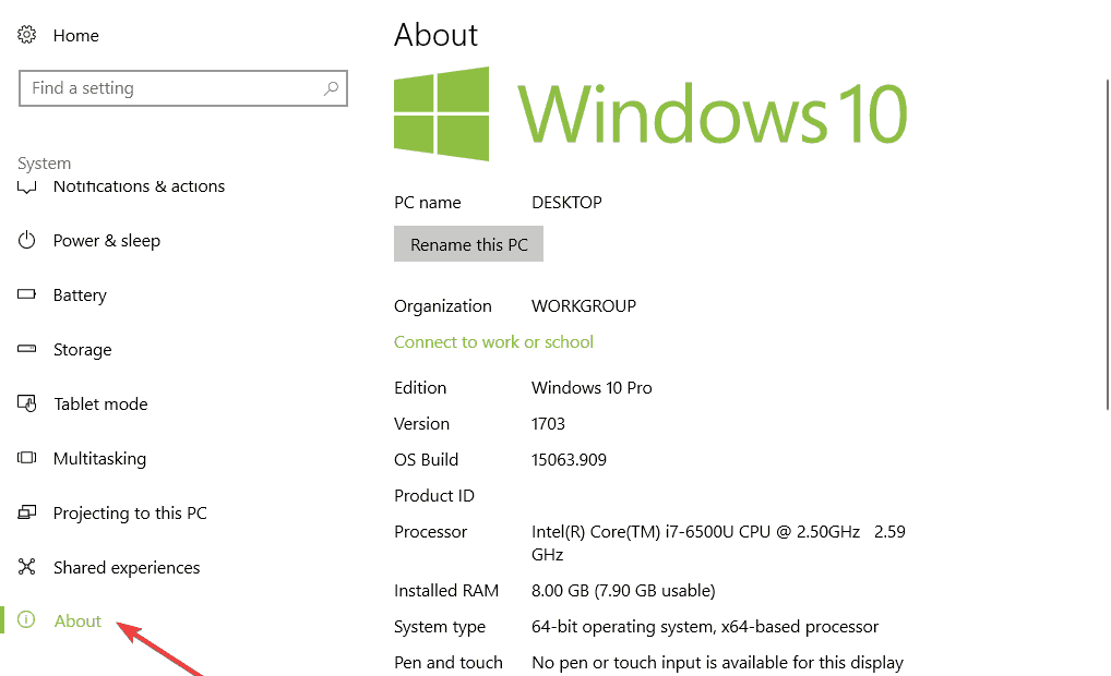 informacje o systemie Windows 10