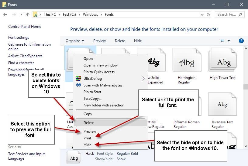 zarządzaj czcionkami w systemie Windows 10