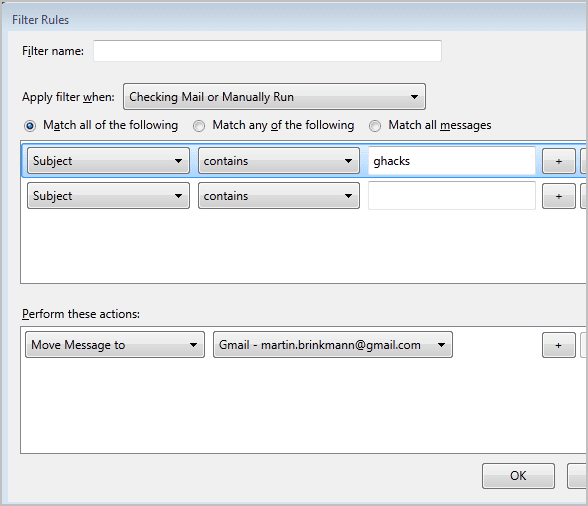 Thunderbird filtruje reguły