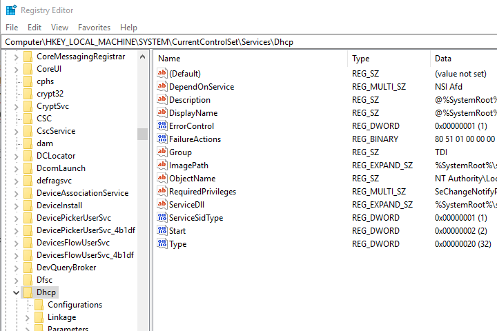 HKEY_LOCAL_MACHINESYSTEMCurrentControlSetServicesDhcp Błąd AutoConfig WLAN 1068