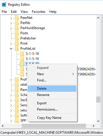 Usuń wpis regedit listy profili