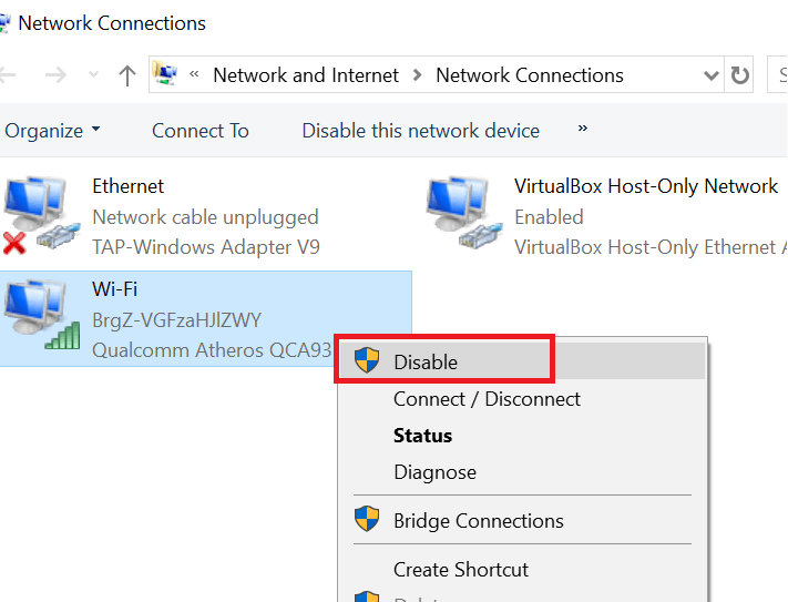 Wyłącz adapter sieciowy - Windows 10