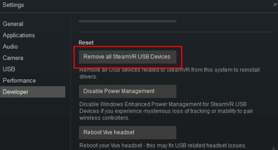 Usuń wszystkie opcje urządzeń SteamVR USB htc vive nie łączy się