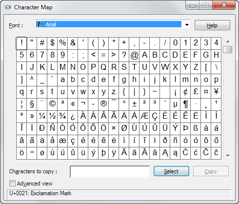 mapa znaków systemu Windows