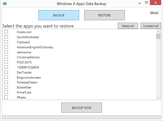 Kopia zapasowa danych aplikacji Windows 8